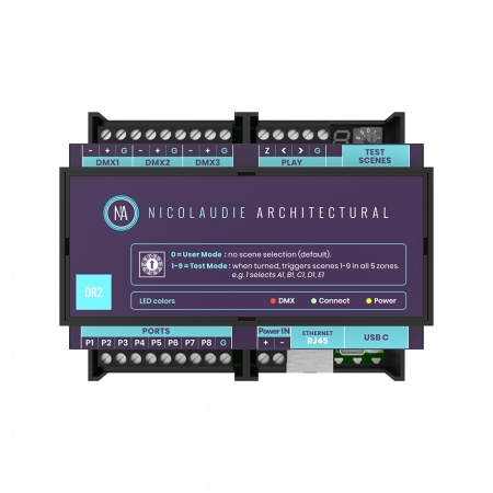 NICOLAUDIE ARCHITECTURAL DINA-DR2 LITE - DMX-интерфейс, 3х DMX512, 5 зон, 99 сцен, USB-C, RDM, SD-с