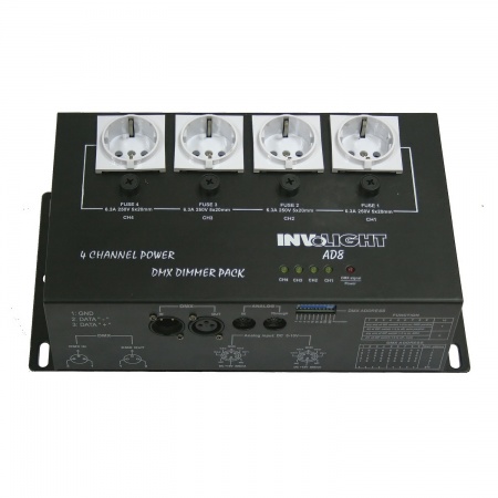 INVOLIGHT AD8 - диммер 4-х канальный, 1 кВт на канал, DMX-512, аналоговое 0-10 В INVOLIGHT AD8 - диммер 4-х канальный, 1 кВт на канал, DMX-512, аналоговое 0-10 В